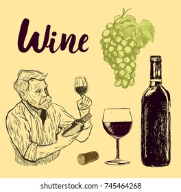 Set of wine bottle and wineglasses and grapes in graphic style hand-drawn vector illustration