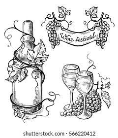 Set of wine bottle and wineglasses and ribbon in graphic style hand-drawn vector illustration