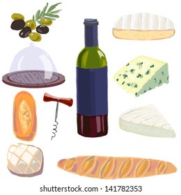 Set with wine bottle,bread,cheese and olives.