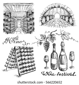 Set of wine bottles and barrels in winery or cellar in graphic style hand-drawn vector illustration