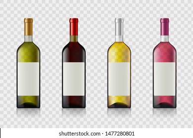 Set of wine bottles with blank labels. Isolated on transparent background. Vector illustration.
