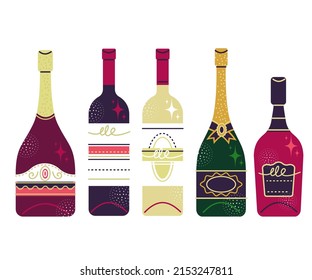 set of wine bottles in cartoon style isolated on a white background. colorful decorative bottles for alcoholic beverages. flat drawing with textures. stock vector illustration. EPS 10.