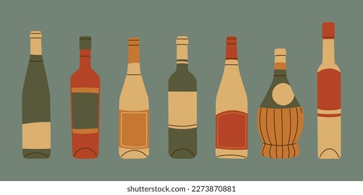 Set of wine bottles of different shapes and types. Vintage colors, vector illustration.