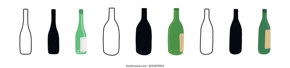 Set of Wine Bottles in Different Styles Silhouette, Outline, Colored Versions. Glass Beer Bottles isolated on white background. Concept of Alcoholic Beverage, Minimalist Design, and Drink Packaging.