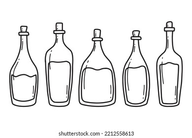 A set of wine bottles. Doodle style. Vector illustration. Hand drawn collection of wine bottles. Glass bottles.
