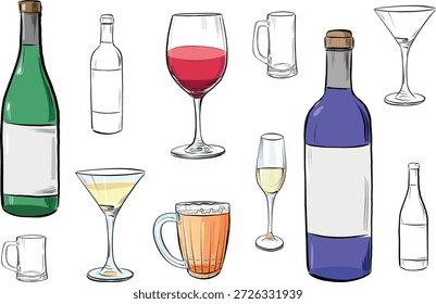 Set of Wine Bottles and Drinking Glasses Illustration