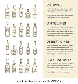 Set of wine bottles in flat. Design elements for banners, markets, alcohol advertising, bars and vineyards. Menu template