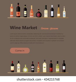 Set of wine bottles in flat. Design elements for banners, markets, alcohol advertising, bars and vineyards. Site template