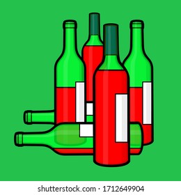 Set of wine bottles, full and empty. Vector illustration in pop art style