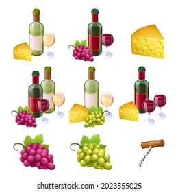 Set of wine bottles, glasses, cheese and grapes