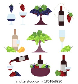 A set of wine bottles and glasses combined with green, red grapes and cheese. Vector set isolated on a white background.