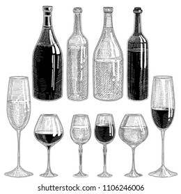 Set of wine bottles and wine glasses. Hand drawn vector illustration for menu design.
