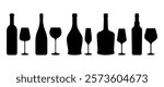Set of wine bottles with wine glasses vector icons. Wine bottle and glasses silhouette vector. Wine bottles of various sizes.