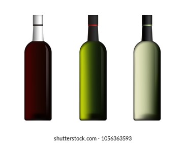 Set of wine bottles isolated on white background. Vector illustration. Red, green; white bottle blank design template. Bar item mockup picture. Alcohol realistic image with shadow.