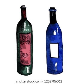 Set of wine bottles. Isolated on white. Vector illustration in vintage style. 