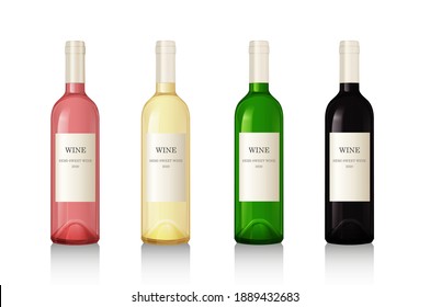 Set of wine bottles isolated on white background. Wine bottle, made in a realistic style. Alcoholic drink. White and red wine. Vector illustration