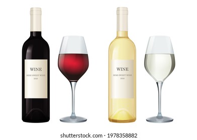 Set of wine bottles isolated on white background. Wine bottle, made in a realistic style. Alcoholic drink. White and red wine. Vector illustration