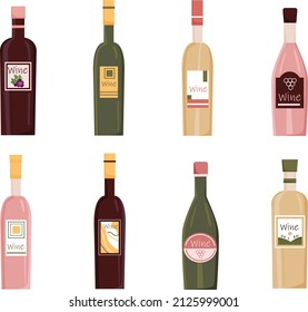 Set of wine bottles isolated on white background. Red, white, rose wine. Alcoholic drink. Bottles for alcoholic beverages. Grape drink. Vector illustration. 