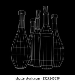 Set of wine bottles. Model wireframe low poly mesh vector illustration