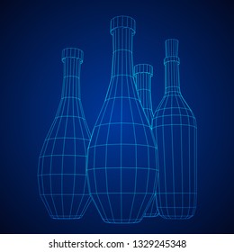 Set of wine bottles. Model wireframe low poly mesh vector illustration