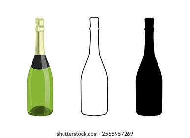 Set of wine bottles on white background. Sparkling wine. Vector illustration