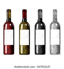 Set wine bottles. Red and white wine bottles on white background.  Vector illustration.