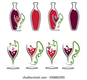 set of wine bottles and wineglasses