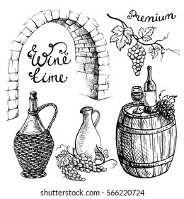 Set of wine bottles and wineglasses and barrel in graphic style hand-drawn vector illustration