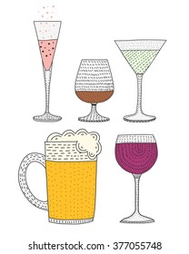 set of wine, brandy , martini , champagne , beer. Glasses . Alcoholic beverages. a set of alcoholic beverages in a glass.Vector Set of Cartoon Cocktails and Alcohol Drinks. 