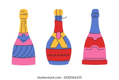 Set of wine and champagne bottles in a flat style. Valentine's day colorful doodle vector illustrations isolated on white background. Good for stickers, cards design, tags, clipart. Groovy style