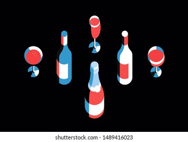 Set Of Wine And Champagne Bottles And  Glasses, Top View. Vector Illustration