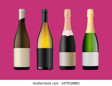 Set of wine and champagne bottles. Vector illustration in realistic style