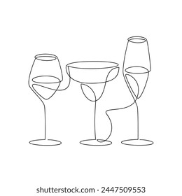 Conjunto de vino champán línea de copas de cóctel dibujo continuo. Ilustración vectorial de bebida dibujada a mano. Silueta lineal. Diseño minimalista, impresión, Anuncio, tarjeta, cartel de arte de la pared de la barra, menú, logotipo, boceto.