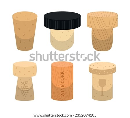 Set of wine, champagne corks in cartoon style. Vector illustration of corks from bottles of different shapes, inscription and design: with a bunch of grapes, a glass of wine isolated on a white.