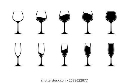 Set of wine and champagne glass silhouettes with varying fill levels. Vector icon