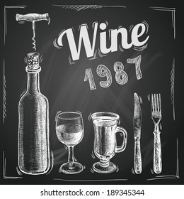 Set of wine, wine club, wine red, wine white, wine glass and stylized for the drawing with chalk of red, white on the blackboard. Vector 