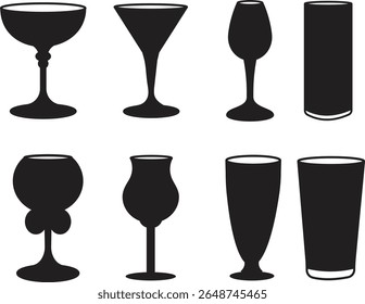 Set of wine and cocktail glass silhouettes vector icons for bar party drinks beverage restaurant collection design