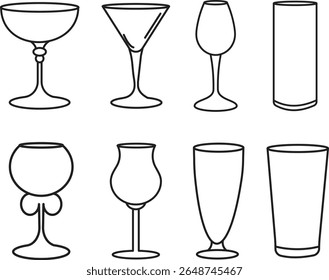 Set of wine and cocktail glass silhouettes vector icons for bar party drinks beverage restaurant collection design