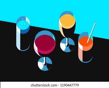 Set Of Wine And Cocktail Glasses, Top View. Vector Illustration