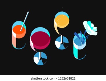 Set of wine and cocktail glasses, top view, black background. Vector illustration