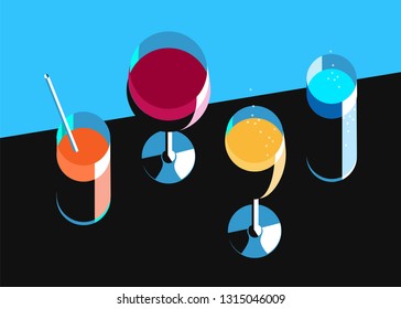 Set of wine and cocktail glasses, top view. Vector illustration