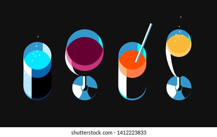 Set of wine and cocktail glasses, top view, black background. Vector illustration