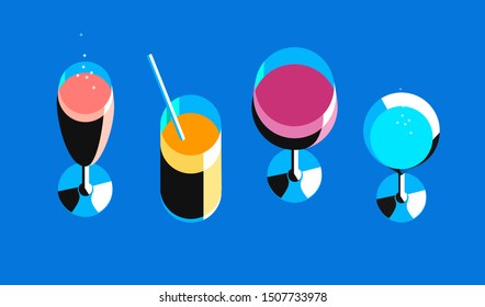 Set Of Wine And Cocktail Glasses, Top View. Vector Illustration