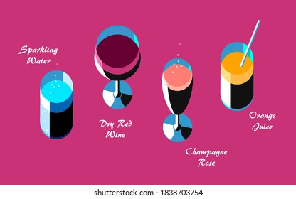 Set of wine and cocktail glasses, top view, flat, isolated images, text. Vector illustration