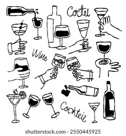 Illustrationen zu Wein und Cocktails im Doodle-Stil, Getränke-Illustrationen	