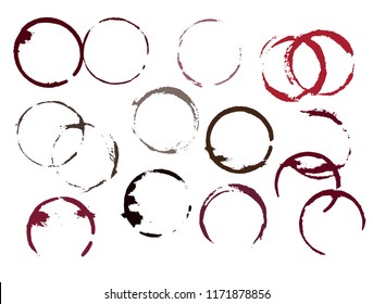 Set of wine or coffee stains, ring and circle. Wineglass circles. Burgundy blemishes and splatters. Scarlet stains and brown strips. Isolated vector illustration. 