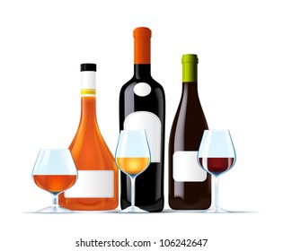 Set of wine and cognac bottles isolated on white