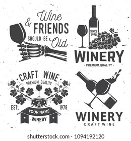 Set of wine company badge, sign or label. Vector illustration. Vintage design for winery company, bar, pub, shop, branding and restaurant business. Coaster for wine glasses