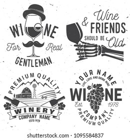 Set of wine company badge, sign or label. Vector illustration. Vintage design for winery company, bar, pub, shop, branding and restaurant business. Coaster for wine glasses