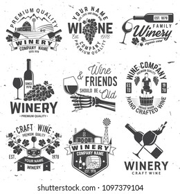 Set of wine company badge, sign or label. Vector illustration. Vintage design for winery company, bar, pub, shop, branding and restaurant business. Coaster for wine glasses